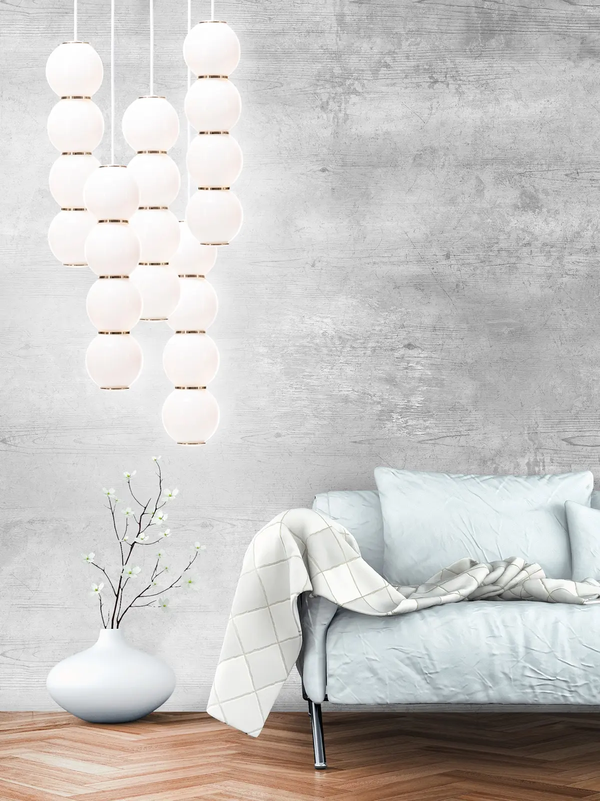 Weiße Glasleuchten neben Couch Designort Lampenblog Exklusive Designerleuchten Pendelleuchte Pearls Chandelier 5