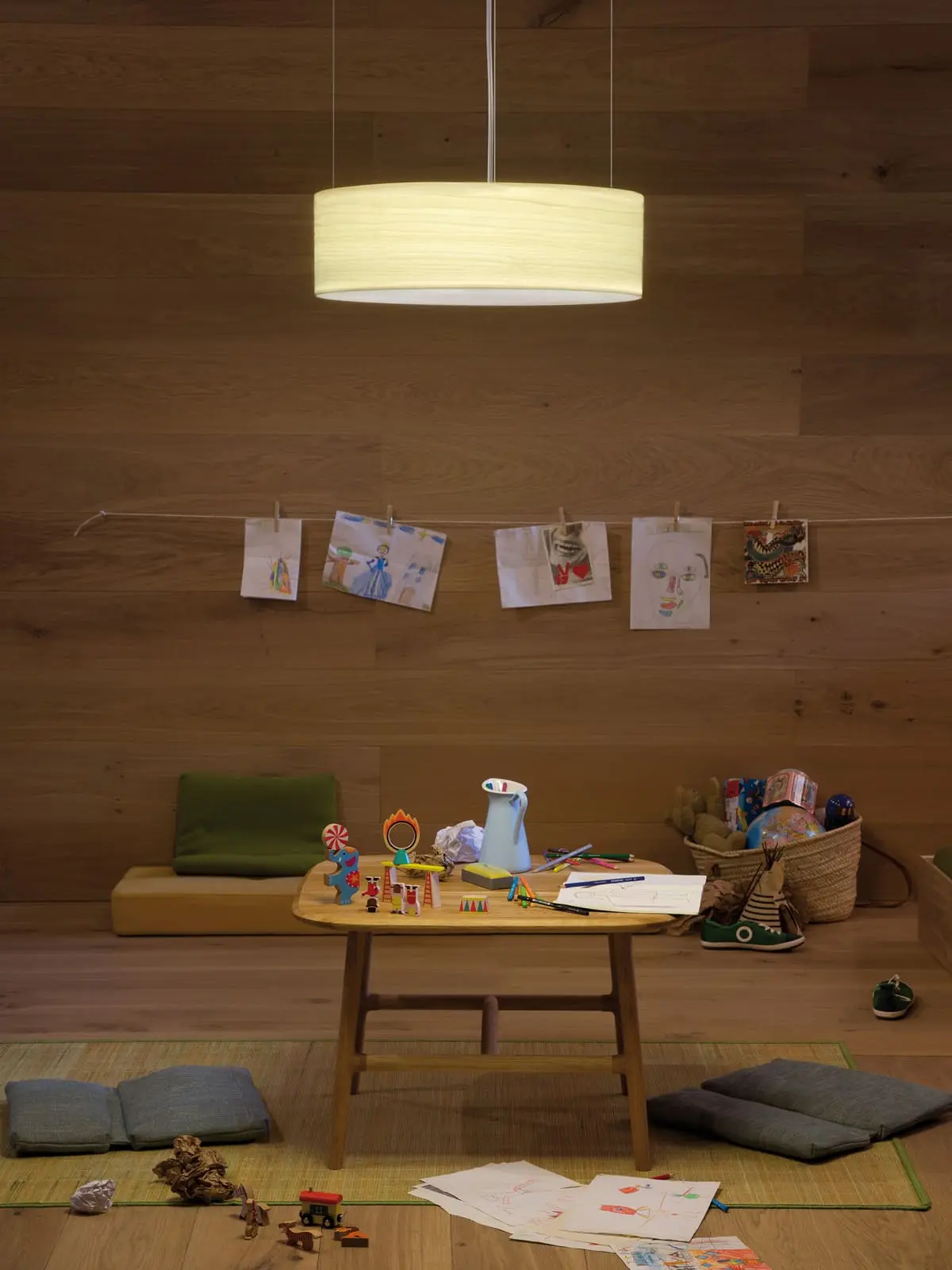 LZF Lampe Gea Slim trommelförmiger Lampenschirm aus echtem Holz Furnier Designort Onlineshop Lampen Berlin