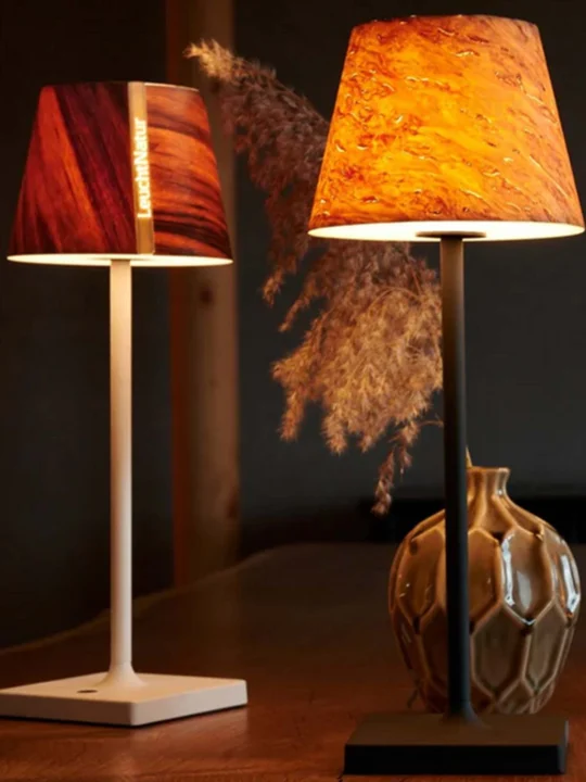 kleine aufladbare Tischlampe mit Schirm aus Holz LeuchtNatur Lumus